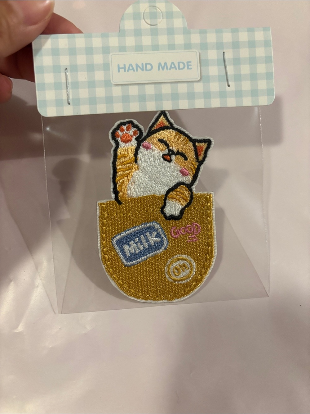 Kawaii Cat in Pocket Iron-On Patch — White & Orange Cat with Gold Pocket
